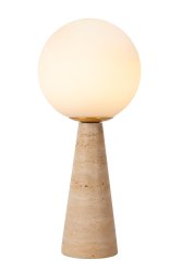 Evin 45cm Opal bordlampe Fra Lucide - Evin er en bordlampe med en konisk base av travertinmarmor og en frostet globeformet skjerm som ser mer ut som et kunstverk enn en praktisk bordlampe.