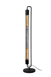 Calixt Svart gulvlampe Fra Lucide - Med sin rene og slanke design, og for eksempel to gl&oslash;delamper innelukket i en sylinder av nett og sitt metalliske utseende, passer den perfekt inn i et moderne interi&oslash;r.