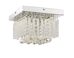 Mathilda 25cm Krom plafond Fra Globo Lighting - Det firkantede designet kombinerer en kromfarget base med vakkert hengende glassstenger og glitrende krystaller, noe som skaper en stilig og eksklusiv atmosf&aelig;re i rommet.