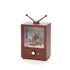 Vannfylt Lykt Formet Som TV Brun Fra Konstsmide - Denne vannfylte lykten i form av en retro-TV viser en atmosfærisk scene med nissen, en gutt og et pyntet juletre.