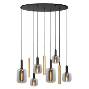 Joanet mix Ø35 Svart Taklampe Fra Lucide - Hvert lys er omsluttet av enten et messingfarget metallrør eller et elegant glasshus, der klare og røykfargede deler samhandler i en vakker kontrast.