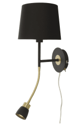 Eketorp Svart leselampe Fra Aneta Lighting - Eketorp vegglampe i svartlakkert metall med detaljer i matt messing og svart tekstilskjerm.
