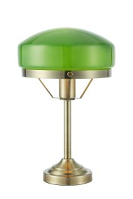 Aurelia 40cm Antikk messing/grønn bordlampe Fra Markslöjd - Den antikk messingfargede metallbasen er kombinert med en mykt formet skjerm i gr&oslash;nt glass, noe som gir lampen et klassisk og stilig uttrykk.