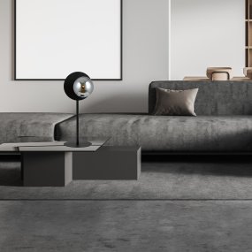 Oslo 50cm Svart/Røkt bordlampe Fra Emibig Lighting - Den runde formen skaper en fin kontrast mot den rette foten og gjør lampen til en dekorativ detalj i rommet.