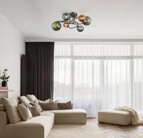 Riha Ø65 Flerfarget plafond Fra Globo Lighting - De olika glaskulorna i brons, gr&ouml;nt och petrol ger lampan en dynamisk och lekfull karakt&auml;r samtidigt som de skapar en visuellt intressant ljusbild.