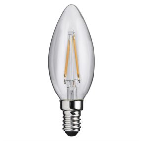 LED E14 Kronelyspære 2W 2700K Gjennomsiktig Fra Unison - Den slanke designen gj&oslash;r den perfekt for lysekroner og dekorative armaturer, da den b&aring;de sparer energi og gir et stilig inntrykk.