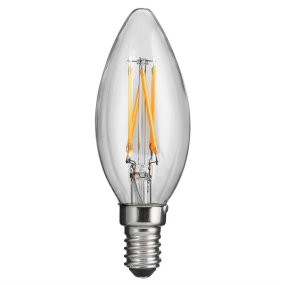 LED E14 Kronelyspære 4W 2700K Gjennomsiktig Fra Unison - Den slanke designen gj&oslash;r den perfekt for lysekroner og dekorative armaturer, da den b&aring;de sparer energi og gir et stilig inntrykk.