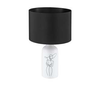 Vinoza 53cm Hvit bordlampe Fra Eglo - Med en hvit base dekorert med minimalistiske linjer som representerer en kvinne i en hatt, gir lampen et sofistikert og kunstnerisk preg til hjemmet ditt.