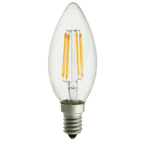LED E14 Kronelyspære 4W 2700K dimbar Gjennomsiktig Fra Unison - Denne klare kroneformede LED-lampen har en E14-sokkel og en effekt p&aring; 4W.