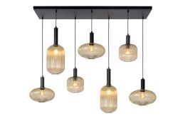 Maloto 150cm Rav Taklampe Fra Lucide - Seks hengende lamper er festet til en metallplate som måler 130 x 30 centimeter.