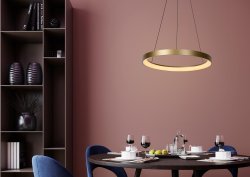 Vidal Ø58 Matt gull/messing Taklampe Fra Lucide - Det varmhvite lyset er den optimale partneren ved spisebordet, og du kan enkelt koble Vidal til en ekstern dimmer for å justere lysstyrken.
