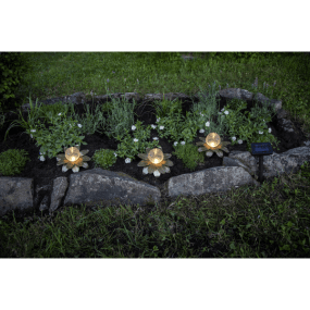 Lilly 3-pk Gull solcellelampe Fra Star Trading - Dekorasjonene er omtrent 15 cm i diameter og 10 cm h&oslash;ye, med 65 cm mellom hver lampe og en total lengde p&aring; omtrent 130 cm.