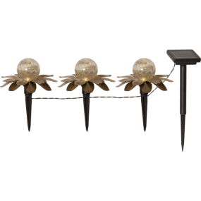 Lilly 3-pk Gull solcellelampe Fra Star Trading - Dekorasjonene er omtrent 15 cm i diameter og 10 cm h&oslash;ye, med 65 cm mellom hver lampe og en total lengde p&aring; omtrent 130 cm.