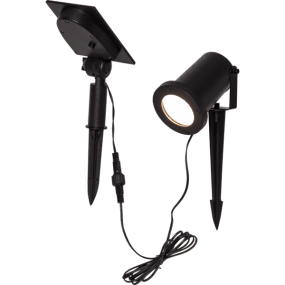 Powerspot Svart solcellelampe Fra Star Trading - Selve paneldelen har en 2 meter lang kabel fra spotlighten, noe som gj&oslash;r det enkelt &aring; plassere panelet i direkte sollys, noe som er n&oslash;dvendig for &aring; lade batteriene.