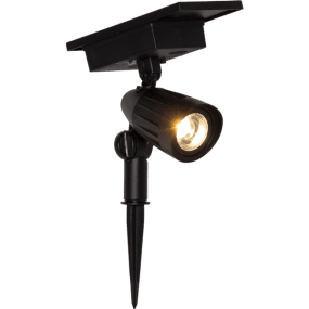 Powerspot Svart solcellelampe Fra Star Trading - Funksjonell solcellespotlight med b&aring;de varmt hvitt lys og 5 stilige farger, rosa, bl&aring;, gr&oslash;nn, gul og r&oslash;d, som velges med knappetrykk.