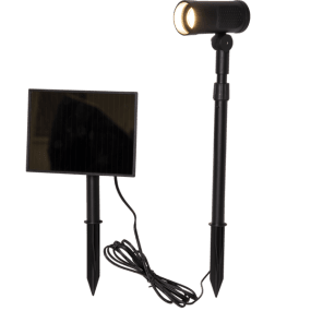 Powerspot Svart solcellelampe Fra Star Trading - Spotlighten med jordspyd og lang kabel til panelet gjør den enkel å plassere i direkte sollys, noe som er nødvendig for å lade batteriene.