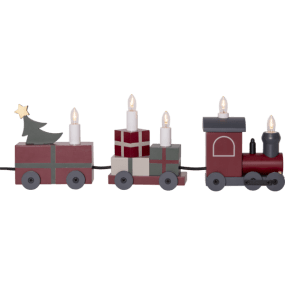 Christmas Train RØD Fra Star Trading - Toget er opplyst av LED-lys plassert i togvognene, som holdes sammen av en svart tekstilkabel.