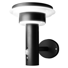 Double Circle Sensor Svart solcellelampe Fra Ledvance - Den innebygde PIR-bevegelsessensoren og dagslyssensoren slår automatisk på lampen når det er bevegelse i mørket, noe som gir både sikkerhet og energieffektivitet.
