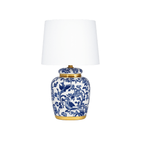 Blomsterlilla 30cm Blå Fra Lampan - Vakker bordlampe med dekorativt bl&aring;tt og hvitt m&oslash;nster p&aring; porselensbase med messingdetaljer.