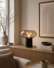 Alba 32cm Svart/ravfarget bordlampe Fra Nordic Lighting - Den svarte metallbasen gir et stabilt og elegant uttrykk, mens den ravfargede glassskjermen skaper et mykt og stemningsfullt lys.