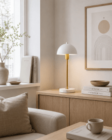 Dito 47cm Hvit bordlampe Fra Nordic Lighting - Den hvite skjermen og den naturlige hvite marmorbasen skaper et sofistikert uttrykk, mens stangen i skinnende gullfinish gir en varm og luksuri&oslash;s f&oslash;lelse.