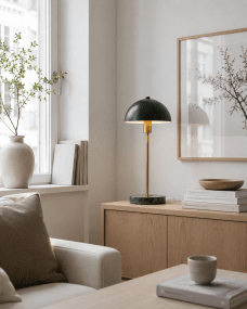 Dito 47cm Grønn bordlampe Fra Nordic Lighting - Den gr&oslash;nne skjermen og marmorbasen skaper et sofistikert uttrykk, mens stangen i skinnende gullfinish gir en varm og luksuri&oslash;s f&oslash;lelse.
