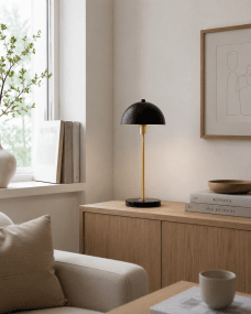 Dito 47cm Svart bordlampe Fra Nordic Lighting - Den svarte skjermen og marmorbasen skaper et sofistikert uttrykk, mens stangen i skinnende gullfinish gir en varm og luksuri&oslash;s f&oslash;lelse.