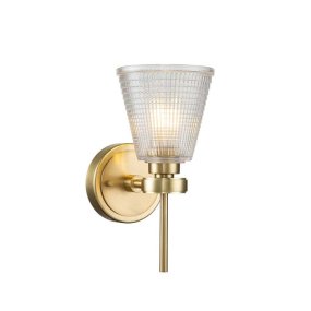 Gunnislake 13cm Børstet messing baderomslampe Fra Elstead Lighting - Lampen er laget av st&aring;l med b&oslash;rstet messingfinish og har en klar, strukturert glassskjerm som gir et jevnt og blendfritt lys.