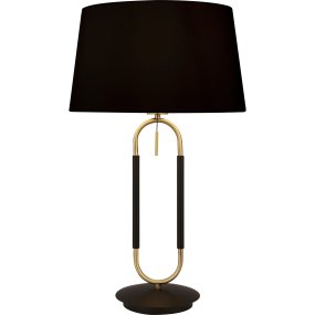 Jazz 50cm Matt svart bordlampe Fra Searchlight - Den geometriske metallrammen i gull og sort skaper en harmonisk kontrast, mens den sorte lampeskjermen sprer et mykt og behagelig lys.