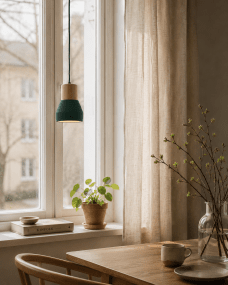 Pepe Ø13 Grønn vinduslampe Fra Nordic Lighting - Kombinasjonen av tre og betong gir et robust og samtidig varmt uttrykk, mens den m&oslash;rkegr&oslash;nne, matte fargen tilf&oslash;rer en rolig og trendy f&oslash;lelse.
