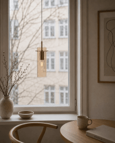 Cilinda Ø7 Messing/rav vinduslampe Fra Nordic Lighting - Det ravfargede glasset skaper en fin lysspredning, og i kombinasjon med de antikke messingdetaljene blir den en stilig interi&oslash;rdetalj.