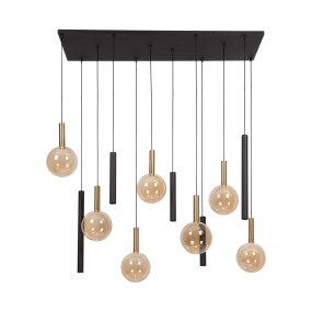 Josiane 143cm Svart Taklampe Fra Lucide - Denne uttrykksfulle lampen i svart metall og messingdetaljer kombinerer moderne design med finesse og blir et imponerende innslag over lange spisebord eller kj&oslash;kken.