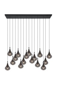 Tears 102cm Røykfarget Taklampe Fra Lucide - De dr&aring;peformede, r&oslash;kt glassskjermene som gir lampen navnet sitt, er gruppert i 16 niv&aring;er p&aring; en rektangul&aelig;r metallplate i taket.