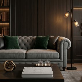 Kiera 2 Svart/ravfarget gulvlampe Fra Cottex - Den mattsvarte metallrammen danner en stilig kontrast til det ravfargede glasset og gj&oslash;r Kiera til et dekorativt element i rommet.