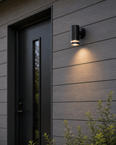 Cylinder Svart utendørslampe Fra Lampan - Lampan lyser fint ner p&aring; v&auml;ggen och skapar en h&auml;rlig atmosf&auml;r.