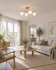 Globi 4 Ø65 Børstet messing/hvit plafond Fra Nordic Lighting - Metallrammen i b&oslash;rstet messingfinish skaper en elegant kontrast til de fire runde opalglasskuppelene, som sprer lyset jevnt i rommet uten &aring; blende.