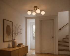 Globi 4 Ø65 Børstet messing/hvit plafond Fra Nordic Lighting - Metallrammen i b&oslash;rstet messingfinish skaper en elegant kontrast til de fire runde opalglasskuppelene, som sprer lyset jevnt i rommet uten &aring; blende.