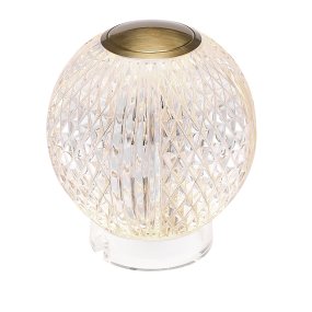 Marni 10cm Gjennomsiktig bærbar Fra Elstead Lighting - Marni er en elegant og oppladbar bordlampe med et dekorativt design som kombinerer stål i en naturlig messingfinish med transparent, mønstret akryl.