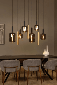 Joanet mix Ø35 Svart Taklampe Fra Lucide - Hvert lys er omsluttet av enten et messingfarget metallrør eller et elegant glasshus, der klare og røykfargede deler samhandler i en vakker kontrast.