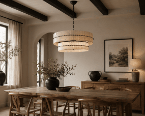 Eaton Ø75 Svart og hvitt krystall Fra Lampan - Den matte, svarte metallrammen er innrammet av hvite glassprismer arrangert i forskjellige h&oslash;yder, noe som skaper en elegant dybde og en levende silhuett.