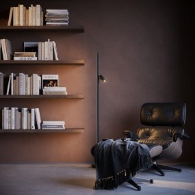 Thin Svart gulvlampe Fra Maytoni - Den har en bevegelig spotlight med sterkt lys, perfekt som leselampe, og en ber&oslash;ringsdimmer for enkel lysjustering.