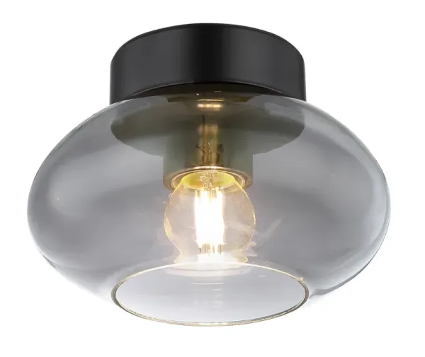 Shaun Ø18 Røykfarget plafond Fra Globo Lighting - Lampan &auml;r tillverkad av mattsvart metall och &auml;r smyckad med en oval sk&auml;rm i r&ouml;kf&auml;rgat glas.