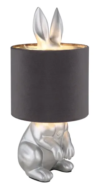 Rabbit 40cm Sølv bordlampe Fra Globo Lighting - Med en silverf&auml;rgad kaninfigur som bas och en elegant gr&aring; sammetsk&auml;rm kombinerar den lekfull design med sofistikerad stil.