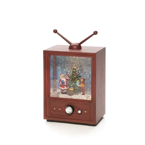 Vannfylt Lykt Formet Som TV Brun Fra Konstsmide - Denne vannfylte lykten i form av en retro-TV viser en atmosfærisk scene med nissen, en gutt og et pyntet juletre.