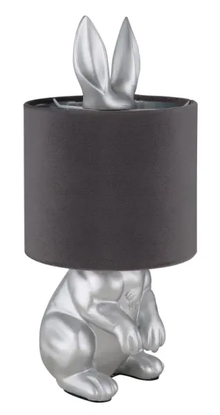Rabbit 40cm Sølv bordlampe Fra Globo Lighting - Med en silverf&auml;rgad kaninfigur som bas och en elegant gr&aring; sammetsk&auml;rm kombinerar den lekfull design med sofistikerad stil.