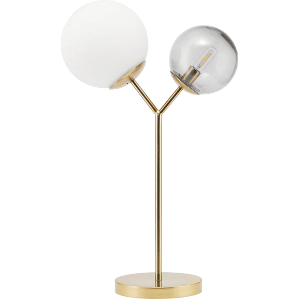 Twice 62cm Messing bordlampe Fra House Doctor - Bordlampen har messingfot og to glassskjermer - en hvit og en r&oslash;ykgr&aring;.