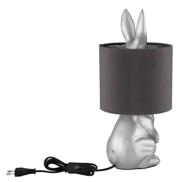Rabbit 40cm Sølv bordlampe Fra Globo Lighting - Med en silverf&auml;rgad kaninfigur som bas och en elegant gr&aring; sammetsk&auml;rm kombinerar den lekfull design med sofistikerad stil.
