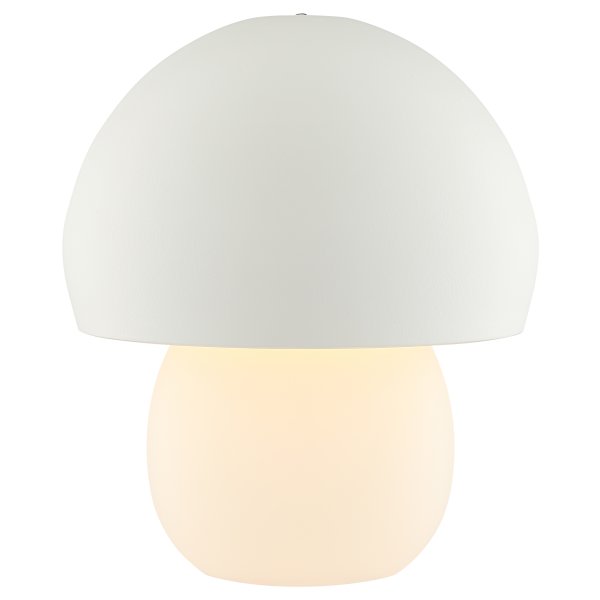 Dupis 24cm Hvit bærbar Fra Brilliant - Dupis er en moderne og praktisk bordlampe i hvitt metall og plast, designet i et soppinspirert design som gjør den til et dekorativt element i alle typer interiører – fra soverom til stuer, kjøkken eller terrasser.