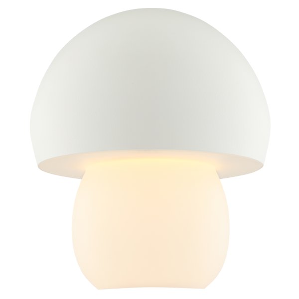 Dupis 24cm Hvit bærbar Fra Brilliant - Dupis er en moderne og praktisk bordlampe i hvitt metall og plast, designet i et soppinspirert design som gjør den til et dekorativt element i alle typer interiører – fra soverom til stuer, kjøkken eller terrasser.