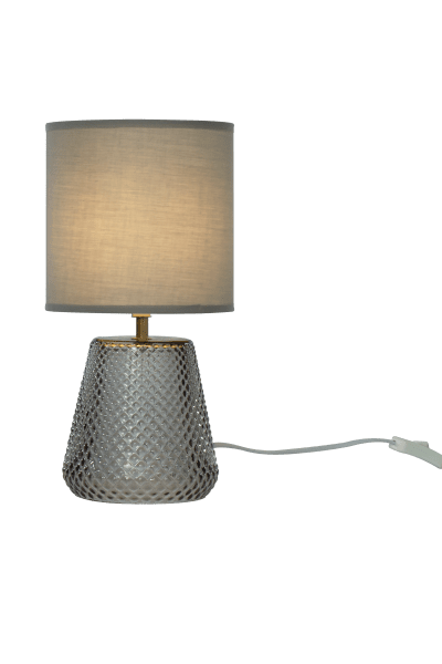 Alissa 35cm Røykfarget bordlampe Fra Aneta Lighting - Med en lampefot laget av vakkert strukturert r&oslash;kt glass med speillignende finish og en gr&aring; tekstilskjerm som sprer et mykt og behagelig lys.